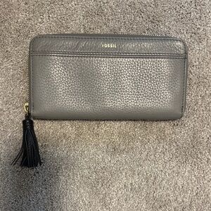 Fossil Charcoal Leather Wallet with Black Tassel